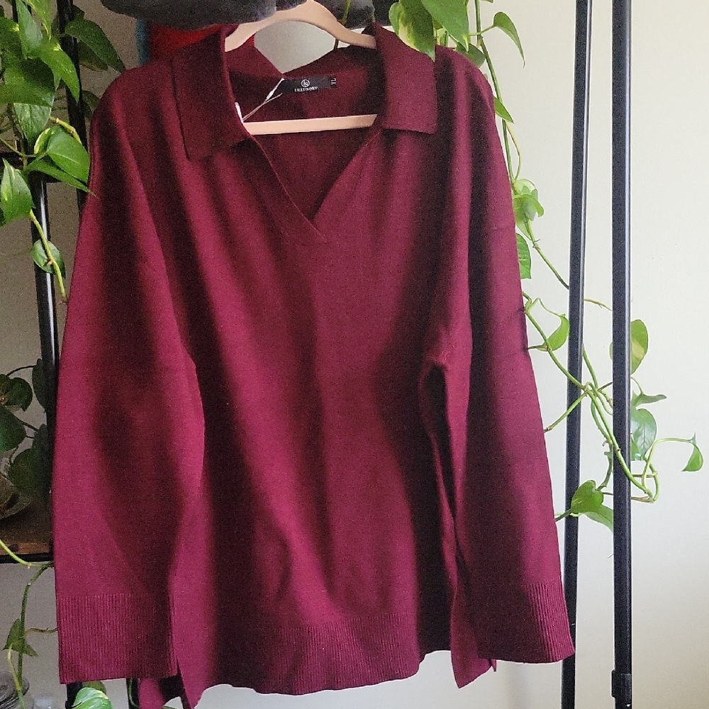 NWOT Women's Collared V-Neck Sweater - Burgundy